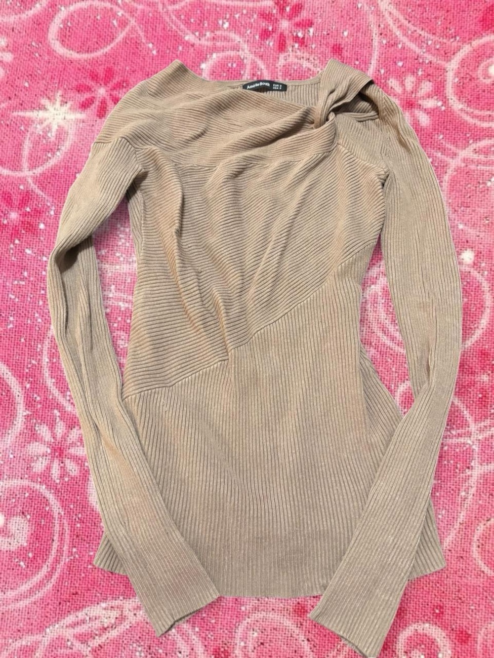 Ribbed Asymmetric Neck Long-Sleeve Sweater - Taupe